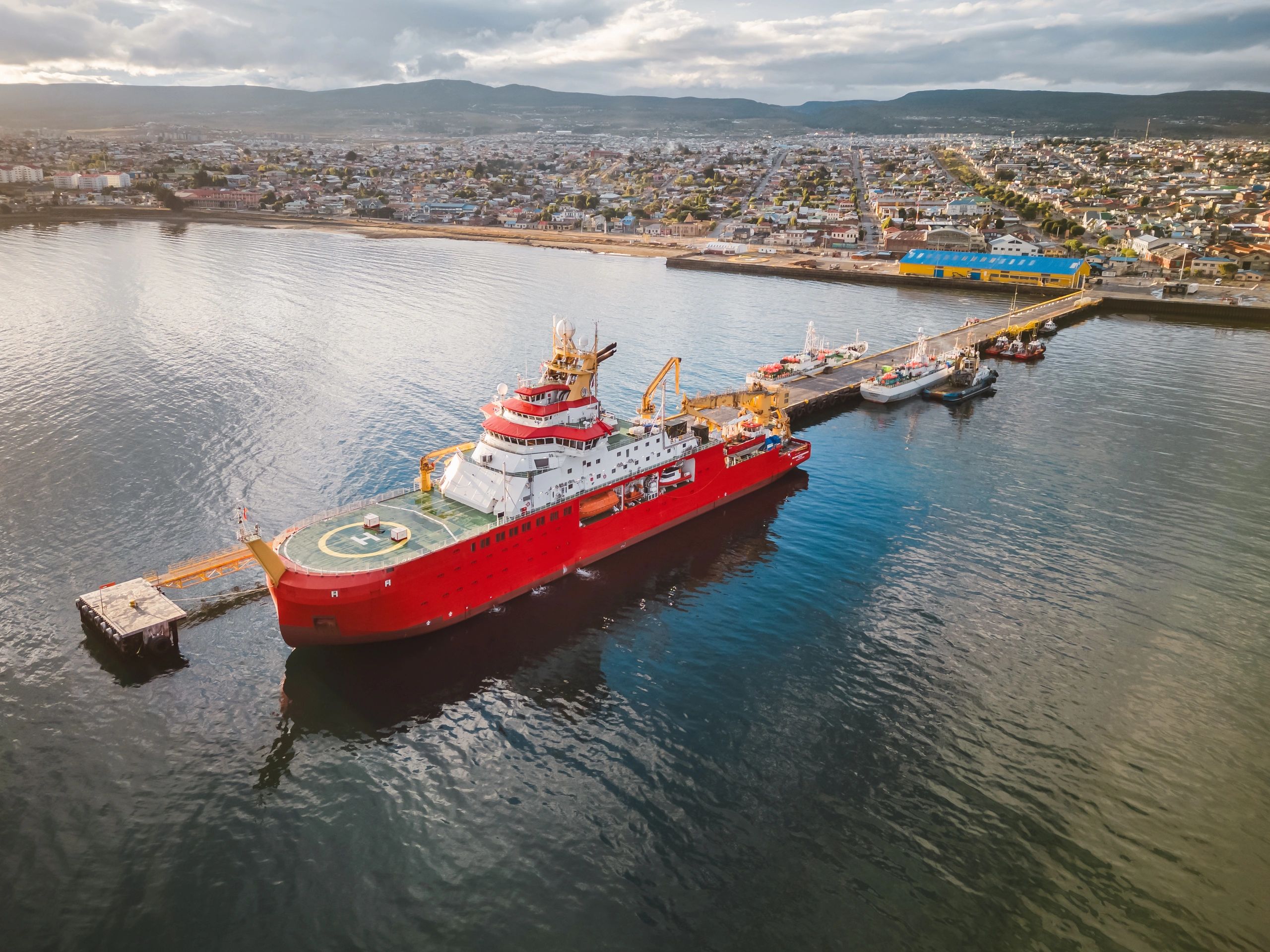 Aerial view of a marine research vessel at sea